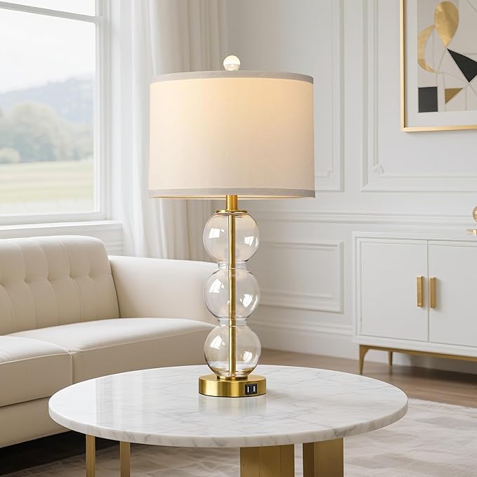Set of 2 Table Lamps for Living Room Glass Triple-Sphere 27" Tall Table Lamp Contemporary Bedside Desk Nightstand Lamp for Bedroom Living Room Office, Clear Glass/Gold