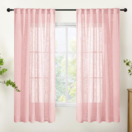 YoungsTex Light Pink Linen Curtains 63 Inch Length for Living Room Window, Semi Sheer Drapes Textured Light Filtering with Rod Pocket Back Tab for Bedroom, 2 Panels, 42 X 63 Inch