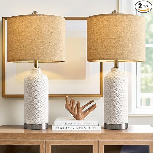 24.25" Modern White Ceramic Table Lamps Set of 2, Boho Farmhouse Bedside Lamps with White Linen Shades, Perfect for Living Room, Bedroom Nightstands, and End Tables