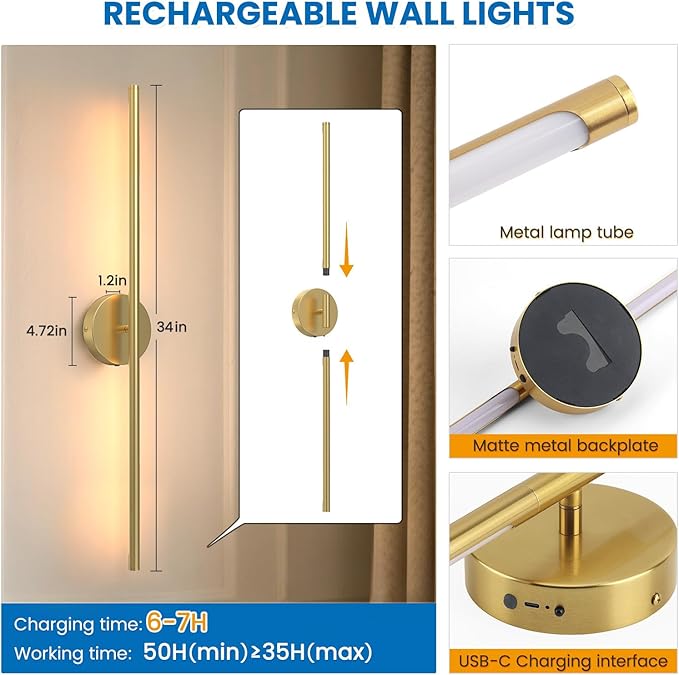 NIORSUN 34 Inch Battery Operated Wall Sconce Set of 2, Gold Round Base Rechargeable Wall Lights with Remote, 3CCT Dimmable Wireless Wall Sconces for Living Room Bedroom Hallway