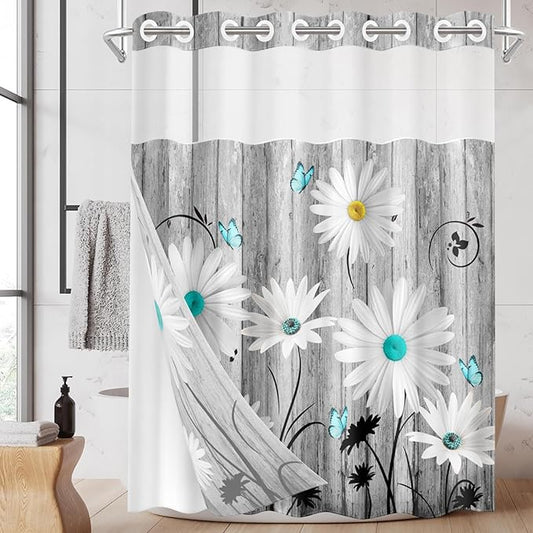 No Hook Flower Daisy Shower Curtain with Snap in Fabric Liner Set, Gray Wooden Boards Double Layers Waterproof Fabric with See Through Top Window Open Grommet Bath Curtain 54x80 Inch