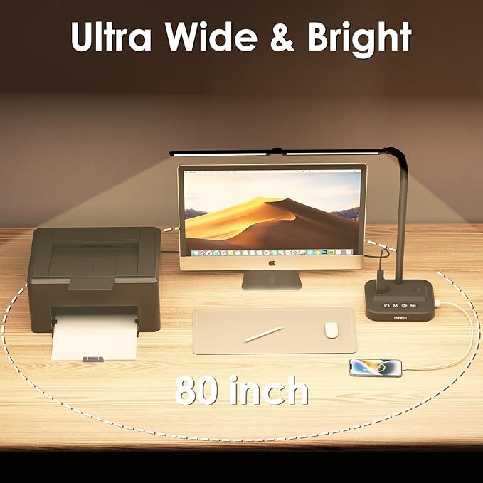 LED Desk Lamp with USB Charging Port: Eye-Care Technology - 1 Type-C, 1 USB-A Charging Port, 2 AC Power Outlets, Desk Lamps for Home Office, Study, Bedroom
