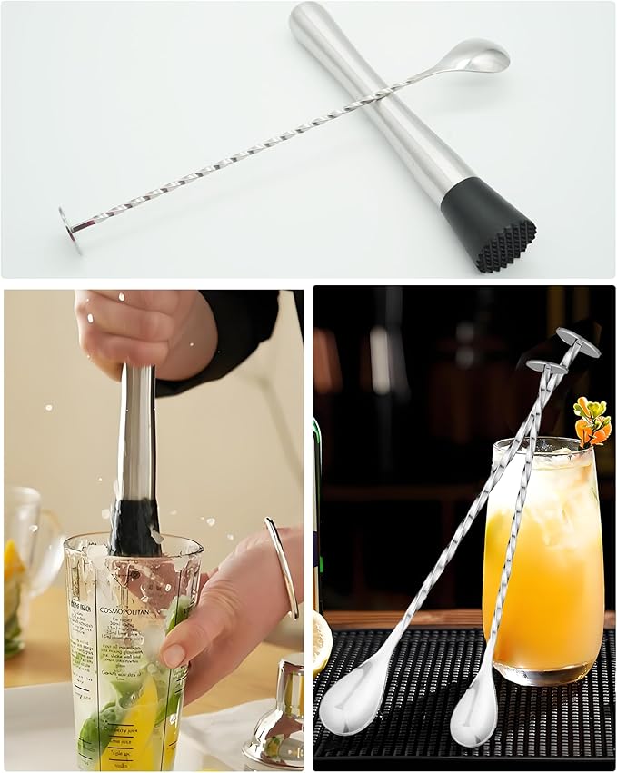 Stainless Steel Cocktail Muddler & Mixing Spoon Set — 10 Inch Bar Tool Kit for Home Bartenders, Ideal for Mojitos, Margaritas, Mint & Fruit Cocktails, Silver