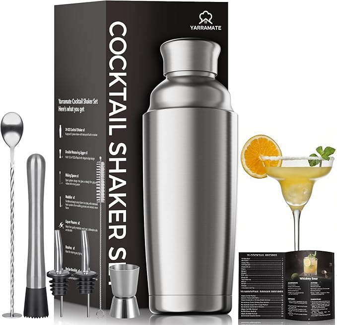 YARRAMATE 8Pcs 24oz Hybrid Vacuum Insulated Cocktail Shaker Set with Strainer, Premium Double Wall Stainless Steel Martini Shaker for Home Bar Bartending with Leakproof Seal, 25 Recipes | Gift Set