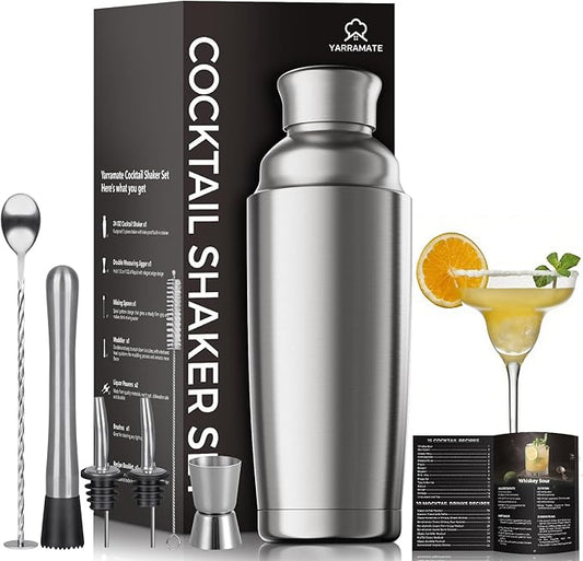 YARRAMATE 8Pcs 24oz Hybrid Vacuum Insulated Cocktail Shaker Set with Strainer, Premium Double Wall Stainless Steel Martini Shaker for Home Bar Bartending with Leakproof Seal, 25 Recipes | Gift Set