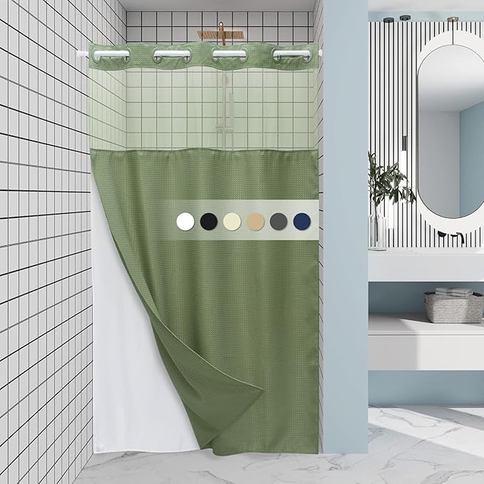 Sage Green Stall Hotel Shower Curtain - 230GSM Waffle Textured Heavy Duty Thick Fabric Shower Curtains for Bathroom,54W x 80H