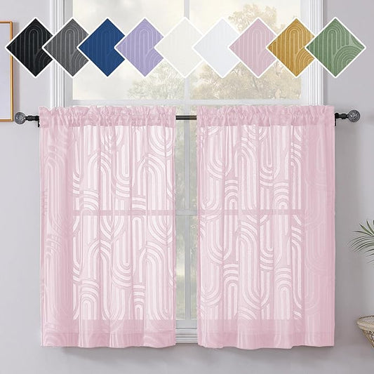 Simplebrand Sheer Blush Pink Kitchen & Bathroom Curtains, 42W x 36L Inches, 2 Panels Set, Modern Geometric Jacquard Semi Sheer Fabric, Rod Pocket Window Treatment