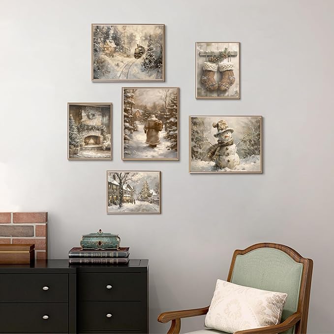 Vintage Christmas Wall Art Prints Set of 6 Warm Winter Santa Snowman Posters Prints Neutral Snowy Landscape Xmas Aesthetic Wall Decor Pictures for Gallery Living Room Bedroom Unframed (3pcs 8x10in+3pcs 11x14in)