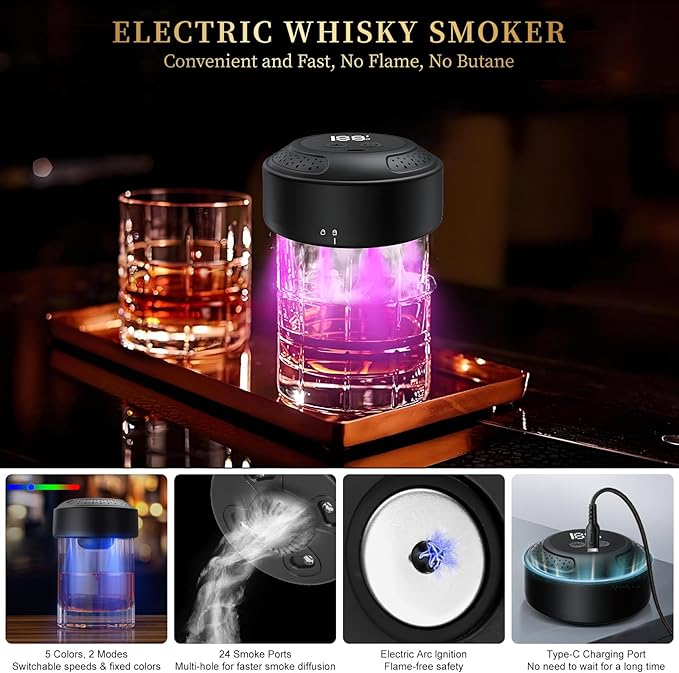 Electric Whiskey Smoker Kit with 5-Color LED Lighting & 6 Wood Chips, No Butane Old Fashioned Smoker Kit Bartender Kit for Cocktail Shaker, Cocktail Smoker Kit for Fathers Day, Gifts for Him
