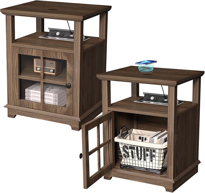 HIFYOBRO End Table with Charging Station, Adjustable Shelf & Storage, Modern Farmhouse Nightstand for Bedroom, Living Room, Office
