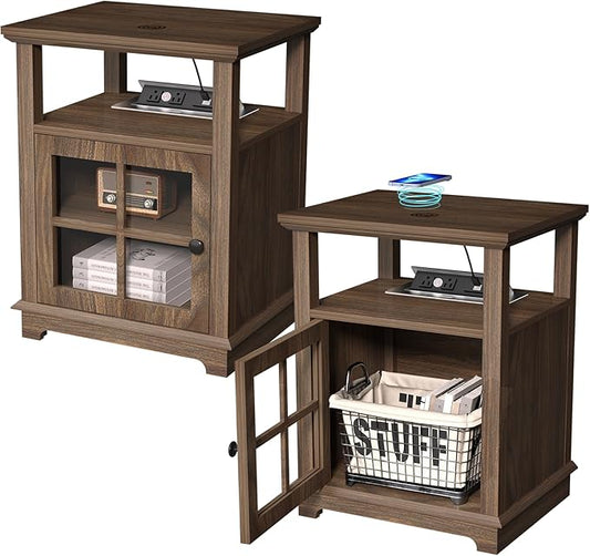 HIFYOBRO End Table with Charging Station, Adjustable Shelf & Storage, Modern Farmhouse Nightstand for Bedroom, Living Room, Office