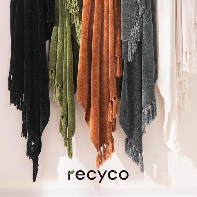 RECYCO Throw Blanket Soft Cozy Chenille Throw Blanket with Fringe Tassel for Couch Sofa Chair Bed Living Room Gift (Black, 50" x 60")