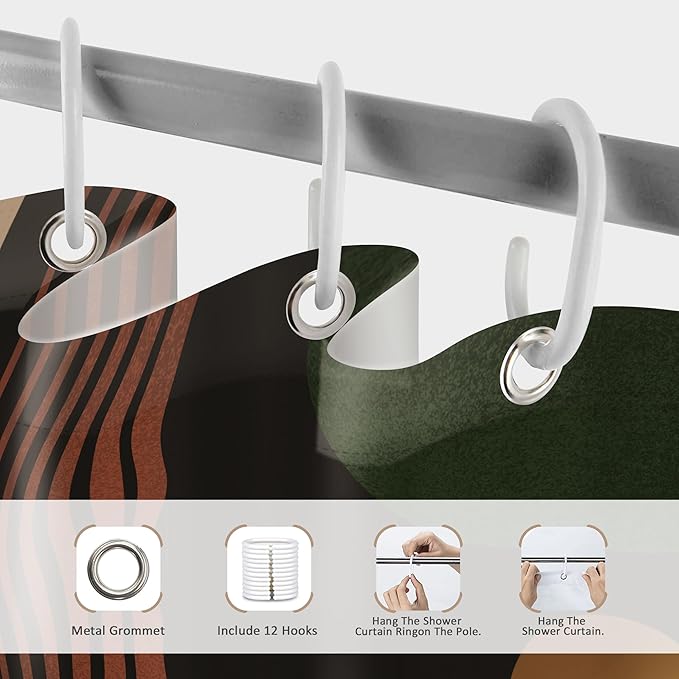 Glawry Dark Green Brown Boho Shower Curtain Abstract Mid Century Retro Tropical Leaves Modern Geometric Bathroom Minimalist Arch Sun 60Wx72L Inches Bath Accessories Art Home Decor Fabric 12 Pack Hooks