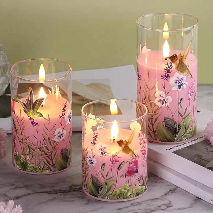 Pink Hummingbird Glass Flameless Candles with Remote, Flickering LED Pillar Candles Set of 3, Floral Candles Battery Operated Φ 3" H 4" 5" 6"