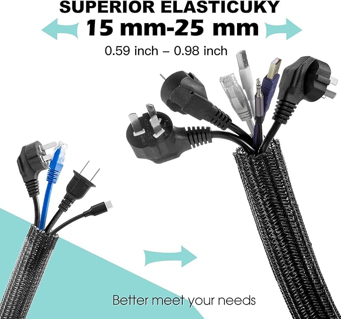 AGPTEK Cable Sleeve Cover, 20ft - 1 inch Desk Cord Organizer Cable Hider, Home Office Wire Management Computer TV Wire Loom Tubing, Pet Proof Cord Protector, from Cat Dog Chewing, Black