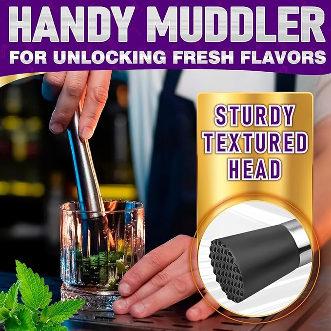 Homestia 3Pcs Black Muddler & Mixing Tools Set, 10'' Muddler, 12'' Cocktail Spoon and Double Jigger, Bar Tool Set for Beverages, Bar Accessories Tools for Mojitos Fruit Drinks (Black)