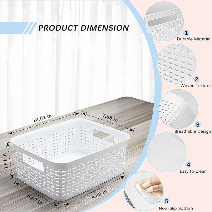 Plastic Storage Baskets for Cabinets, Household Pantry Organization with Handle,Organizer Bins for Room,Bathrooms,Under-Sink,Kitchen (White, S-3PACK)