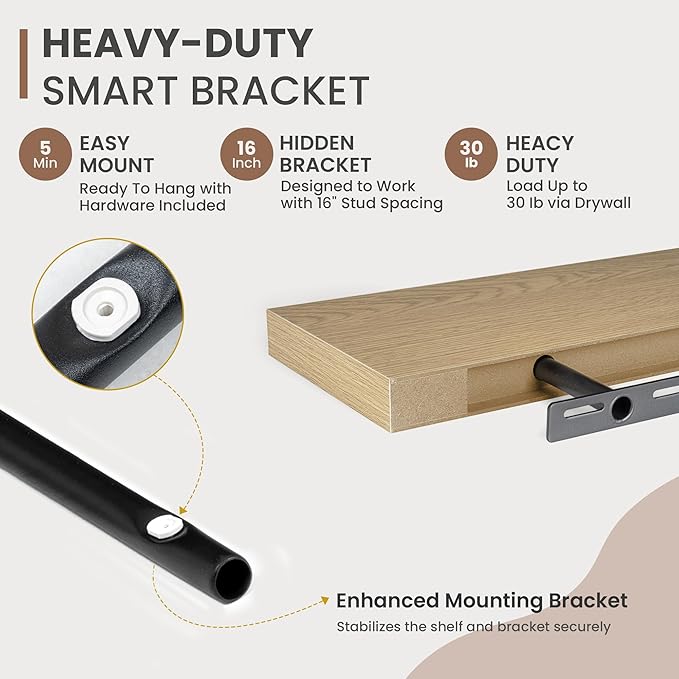 24 Inch Floating Shelves, 8 Inch Deep Floating Shelves for Wall, Hanging Shelf with Invisible Brackets, Deep Shelves for Bathroom, Bedroom, Living Room, Oak, Set of 2