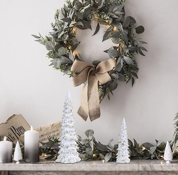 MEETYAMOR Christmas Decorations Indoor, 2 Pcs White Resin Christmas Tree Figurine for Table Decor, Farmhouse Rustic Xmas Decorations for Home, Table, Mantle, Living Room