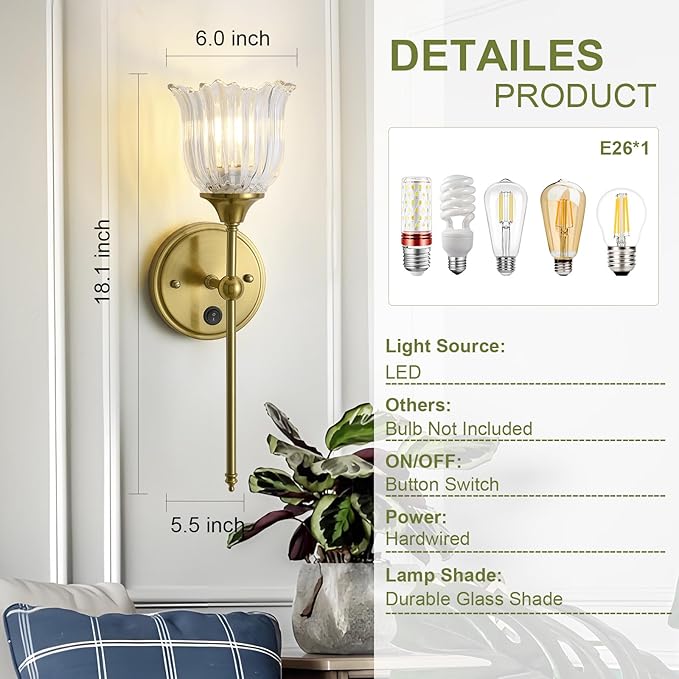 Modern Wall Sconces Set of 2 with Clear Flower Glass Shade, Mid Century Bathroom Vanity Wall Light Fixtures Gold Vintage Wall Lights with Switch for Mirror Bedroom Living Room