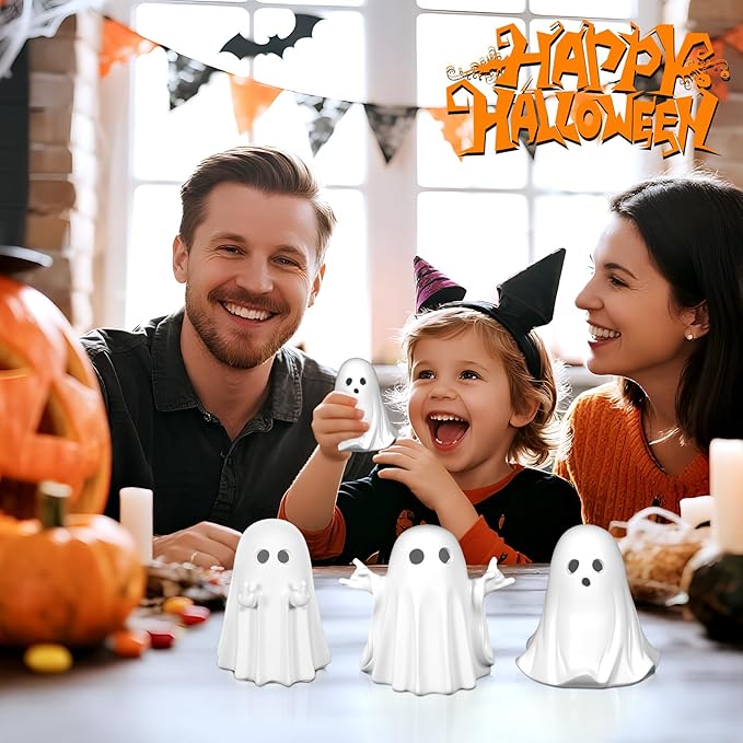 Halloween Decorations Indoor, Set of 3 Light Up Ghost Decorations, Spooky Home Decor Ghosts Figurines for Mantel Tray Shelf Table