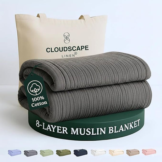 Cloud Scape Linen 100% 8-Layer Cotton Muslin Blanket Queen Size,Lightweight All Season Blanket for Bed, Oversized Cotton Blankets, fits Full Size Bed, 92x92, Dark Grey