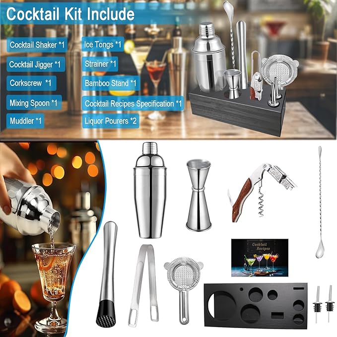 Cocktail Shaker Set with Stand,Cocktail Kit,Bartender Kit with 10 Piece Bar Tool Set,Matini Shaker,Mixing Spoon,Jigger,Strainer,Muddler,Corkscrew for Barware Set and Other Bar Tools (Black Bamboo)
