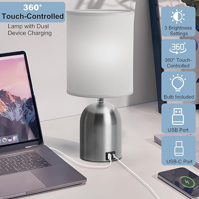 Bedside Table Lamp for Bedroom, 3 Way Dimmable Touch Small Desk Lamp for Office with USB Charging Port Lamps for Living Room, Bedroom, Reading Room, Office, Grey/Sliver, Silver