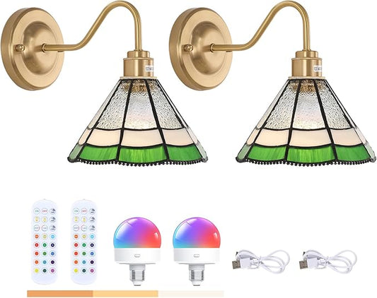 Vintage Battery Operated Wall Sconce Set of 2 with Remote, RGB LED Wall Lamp 12 Colors Dimmable, Brass Lights Fixture for Bedroom Living Room Hallway Green Multilayer Petal