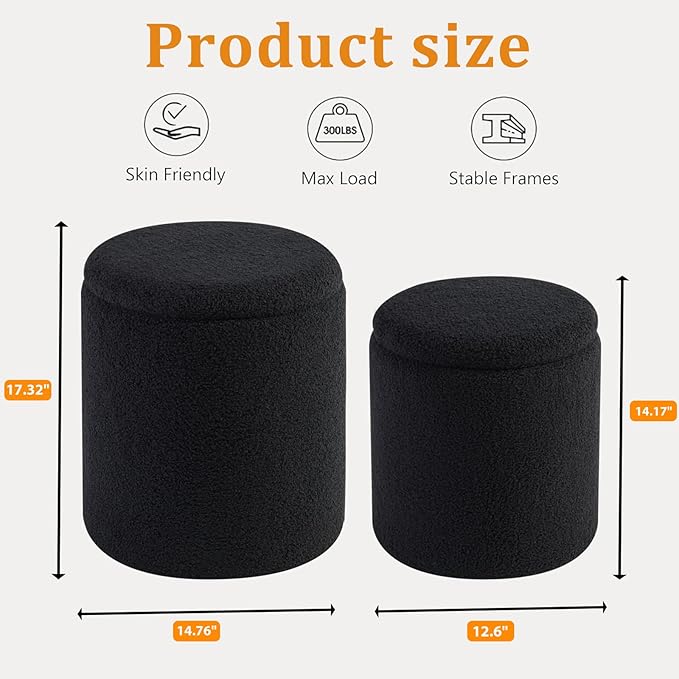 Round Ottoman with Storage Set of 2-Upholstered Sherpa Vanity Stool for Makeup Multifunctional Ottomans Coffee Table Padded Seat Foot Rest for Living Room&Bedroom(Sherpa, Black)