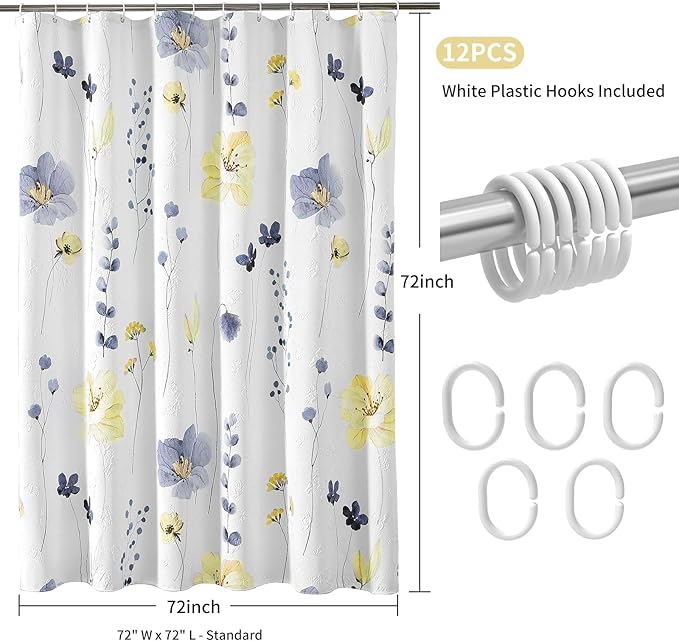 QIYI Watercolor Floral Shower Curtain, 3D Embossed Butterflies Blue Yellow Flower Bathroom Curtain, Minimalist White Cloth Bath Curtain, Waterproof Fabric Textured Shower Curtain Set with Hooks, 72x72