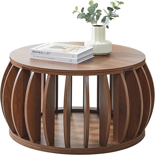Drum Coffee Table with Storage,31.5” Wood Round Coffee Table,Farmhouse Pumpkin-Shaped Center Table for Living Room Home Office (Walnut)