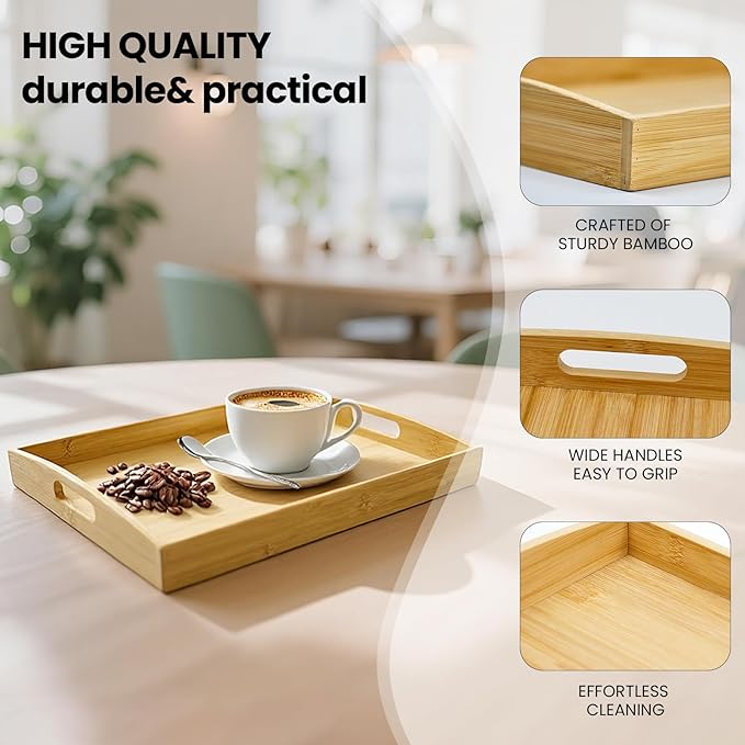 Set of 2 Bamboo Serving Tray with Handles, Decorative Wooden Tray for Breakfast, Dinner, Coffee Table - Portable Bamboo Tray for Ottoman, Kitchen, Living Room Bedroom, Outdoor Scenarios and More