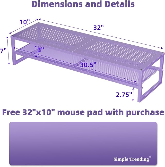 Simple Trending 2 Tier Metal Dual Monitor Stand Riser, Computer Office Desktop Organizer for 2 Monitors with 32"x10" Mouse Pad for Laptop, Printer, TV, Purple