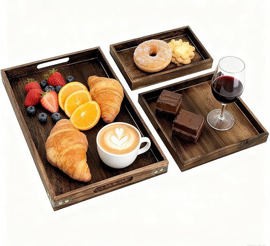 Rustic Wooden Serving Trays with Handle, Serving Platters, Charcuterie Board Set of 3 Nesting Food Trays for Serving Food, Home Decor/Breakfast/Coffee Table/Butler/Ottoman/Bed Tray