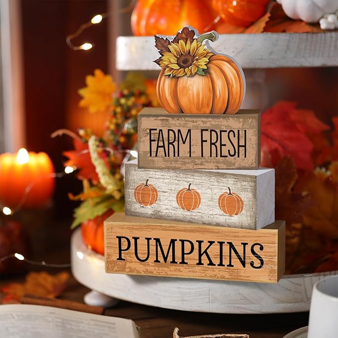 4 Pcs Fall Pumpkin Decor Fall Table Decoration Autumn Tiered Tray Decor Thanksgiving Centerpiece Rustic Decorative Pumpkin Block Signs Farmhouse Thanksgiving Decoration for Home Kitchen