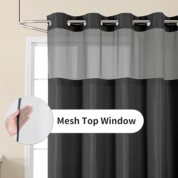 Colorful Star No Hook Waffle Shower Curtain with Snap in Fabric, Waterproof Shower Curtains with See Through Top Window, Hotel Luxury Heavy Duty Bathroom Curtain and Liner Set, 72'' x 75'', Black