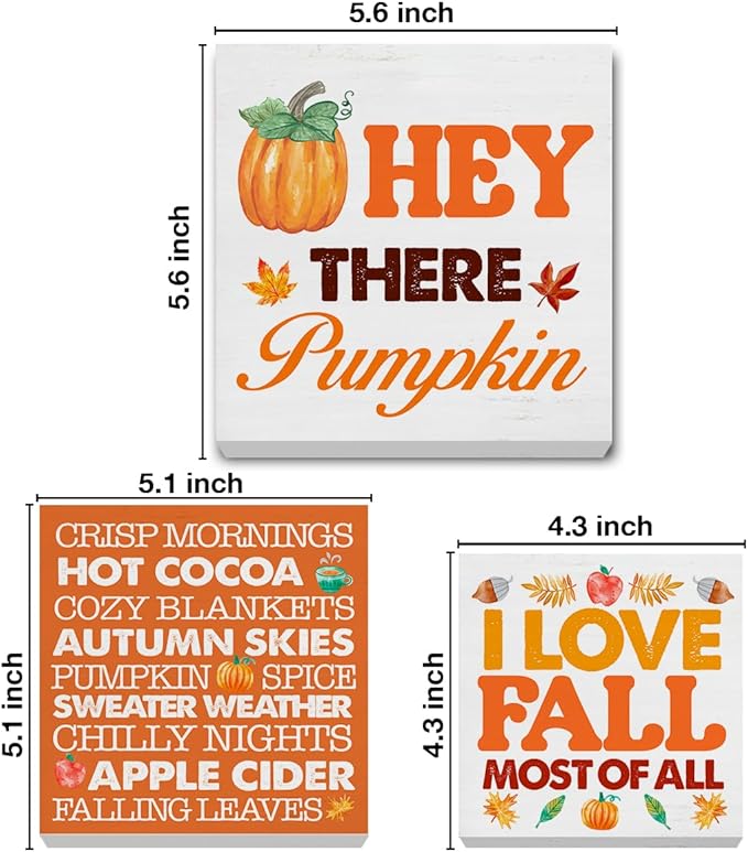 3 Pcs Fall Wood Signs Decor Autumn Wood Block Signs Farmhouse Fall Pumpkins Leaves I Love Fall Most of All Wooden Box Signs Home Decorations for Kitchen Tiered Tray Desk Table Shelf