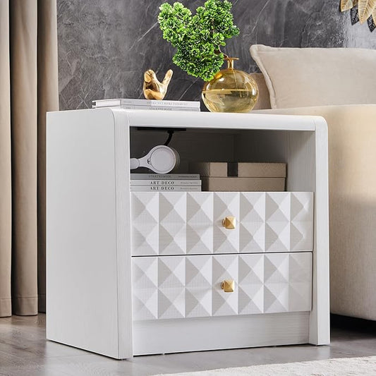 Modern Nightstand with Charging Station, Wood End Table w/2 Storage Drawers and Open Shelf, Mid Century Modern Bedside w/Diamond Panel Decorate for Bedroom, Curved Profile Design, White