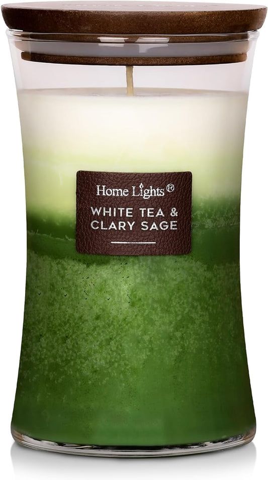 HomeLights 3-Layer Candles for Home Scented, 21.52 OZ Natural Soy Wax Scented Candles Burns Up to 100 Hours, Large Jar, White Tea & Clary Sage
