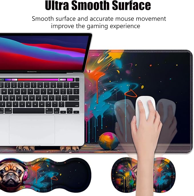 4 in 1 Ergonomic Memory Foam Mouse Pad Wrist Rest Set, Large XXL Gaming Desk Pad + Keyboard Wrist Rest + Mouse Wrist Cushion + Coaster for Home Office Study Gaming, Cute Pug with Headphones