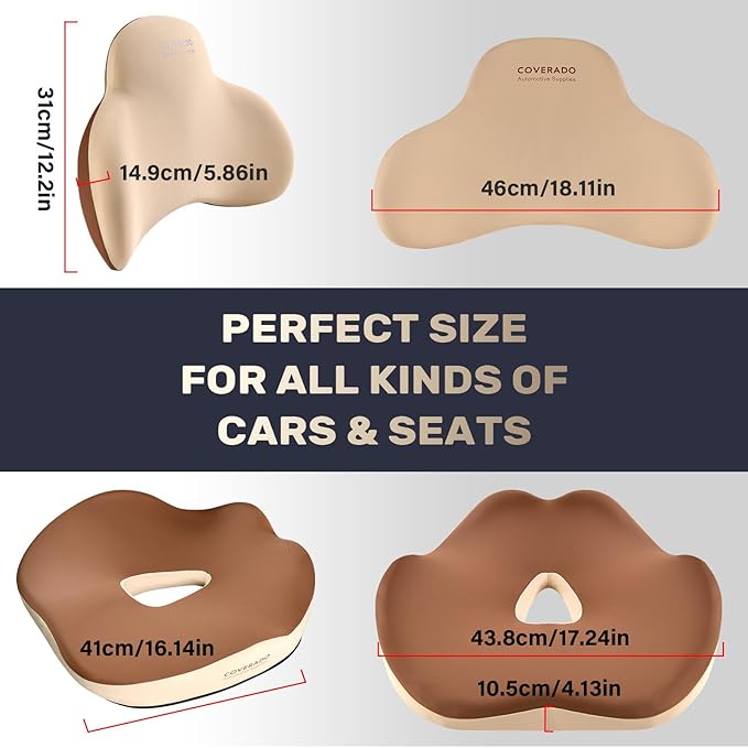 Coverado Car Seat Cushion and Lumbar Support Pillow, Memory Foam Ergonomic Back Support Driving Seat Cushion for Sciatica, Tailbone, Back Pain, Non-Slip Washable Cushion for Car, Driver, Office