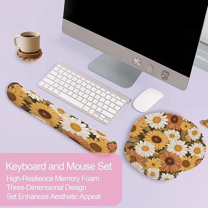Vintage Daisy Sunflower Mouse Pad with Wrist Rest and Keyboard Wrist Rest Set, Non-Slip Rubber Base Memory Foam Mouse Pad Set for Women, Office Desk Accessories, Gaming