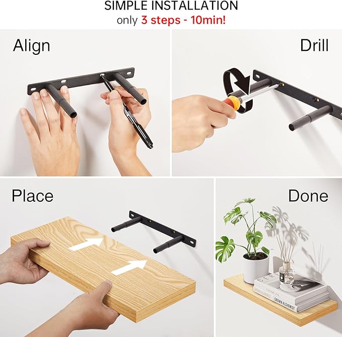 BAYKA Floating Shelves for Wall, Wall Mounted Rustic Wood Shelves for Bathroom, Bedroom, Living Room, Kitchen,Small Hanging Shelf for Books/Storage/Room Decor (Light Oak-Toned, Set of 3, 15.7in)