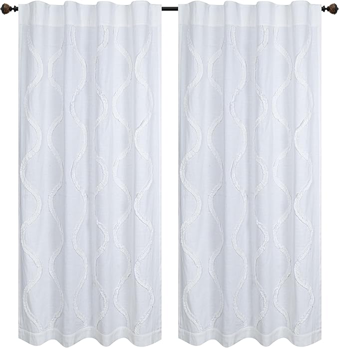 Bedding Craft White Cotton Farmhouse Tab Top Curtains Set of 2, 96" Long x 50" Wide, White 2 Panel Drapes Curtains,Frill Trim Semi Sheer Light Filtering Drapes, Pack of 2