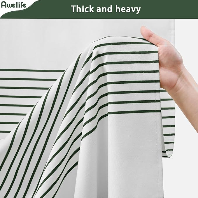 Awellife Dark Green Shower Curtain for Bathroom Boho Stripe Shower Curtain with Tassel 72 X 72 Inches Farmhouse Cotton