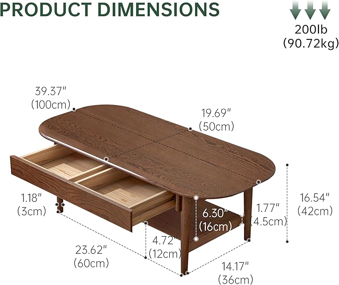 100% Solid Oak Wood Coffee Table for Living Room, 2-Tier Mid Century Modern Living Room Table with 2 Drawers & Open Shelf, Coffee Table with Rounded Corner for Home (Oak Walnut Finish, 39.37'' W)