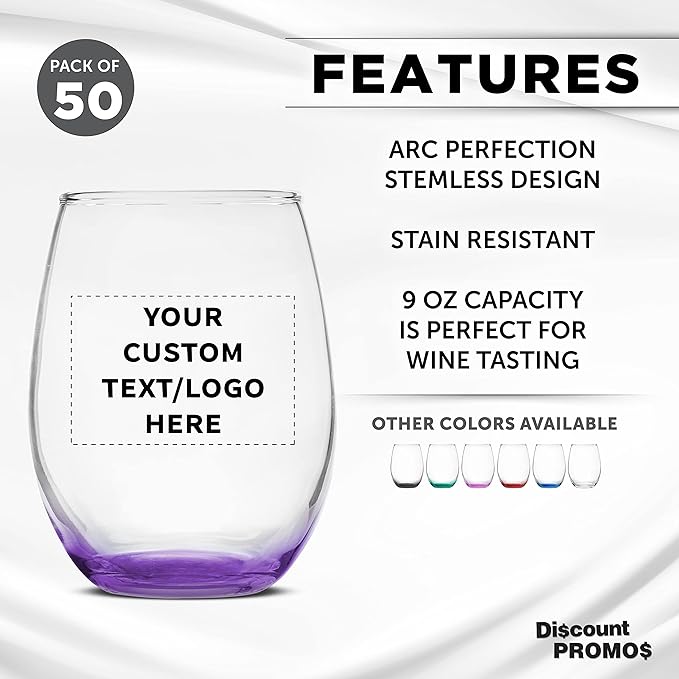 Custom Stemless Wine Glass 9 oz. Set of 50, Personalized Bulk Pack - Great for Wedding Favors, Bachelorette Party Decorations, Party Favors, Color Bottom - Purple