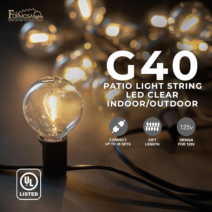 G40 26ft Indoor/Outdoor Clear LED Christmas String/Patio Lights with 25 Bulbs and E12 Base | 120V, 0.6W