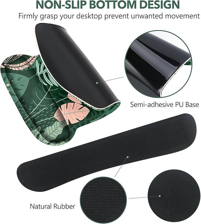 AIMSA Wrist Rest Support Mouse Pad Ergonomic, Memory Foam Keyboard Wrist Rest Set Non-Slip Easy Typing and Relieve Wrist Pain Mouse Mat for Computer Office - Pink Green Leaves